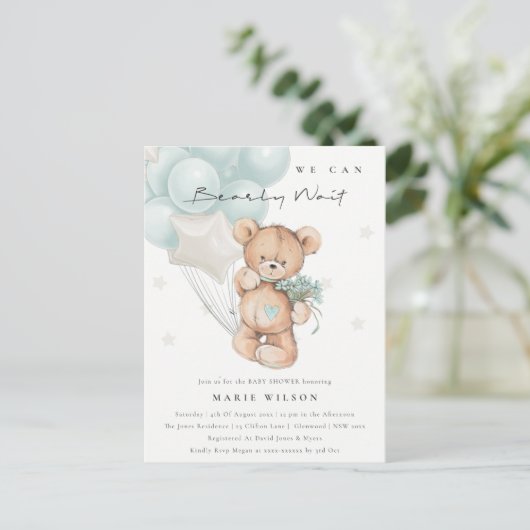 可愛い青クマ心待ちバルーン赤ちゃんシャワー ポストカード (スタンド正面)