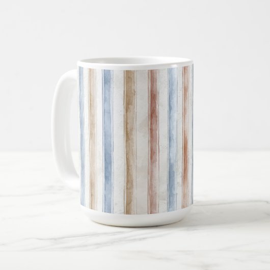 可愛い青クリームベージュストライプ コーヒーマグカップ (正面左)