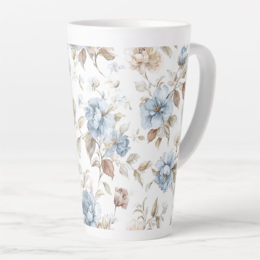 可愛い青クリーム色のベージュブラウンの花 カフェラテマグ (右アングル)