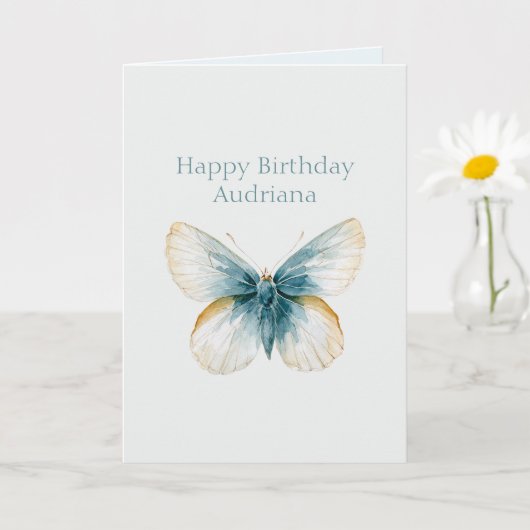 可愛い青クリーム色の蝶の誕生日 カード (小さな植物)