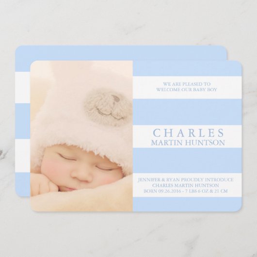 可愛い青ストライプ色の出産発表フォトカード 案内状 (正面/裏面)