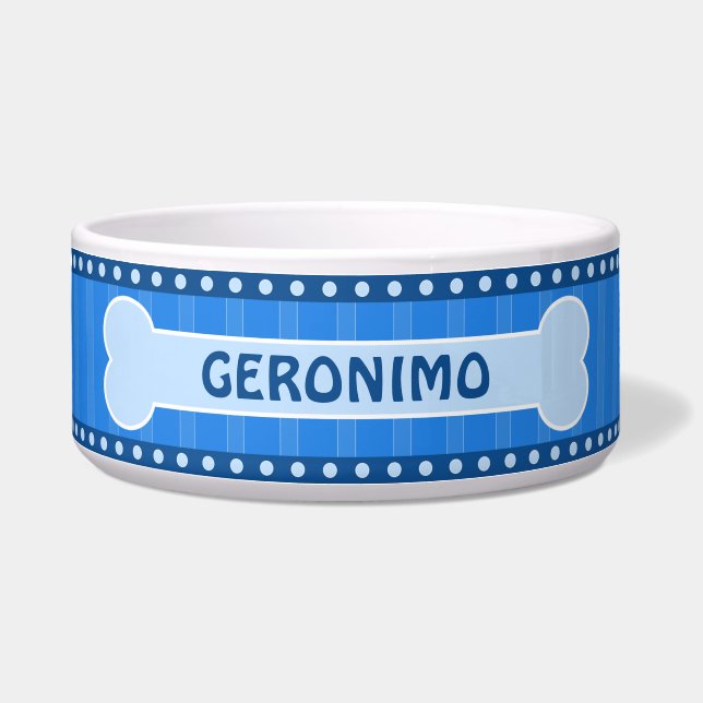 可愛い青ストライプ色の骨と前大きな犬鉢 ボウル (正面)