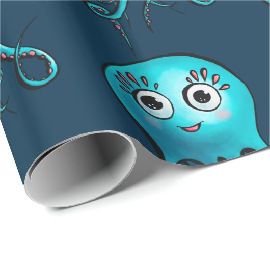 可愛い青タコ – かわいいマンガシーアニマル ラッピングペーパー (ロールコーナー)