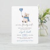 可愛い青テディベア心待ち赤ちゃんシャワー 招待状 (スタンド正面)
