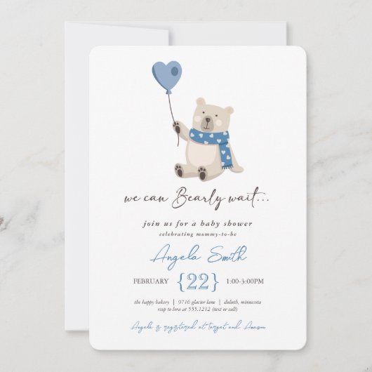 可愛い青テディベア心待ち赤ちゃんシャワー 招待状 (正面)