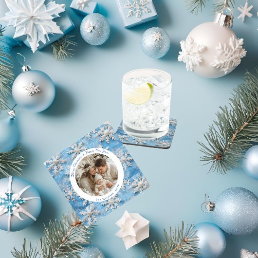 可愛い青パーソナライズされた雪片クリスマス コースター