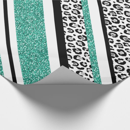 可愛い青フェイクグリッターヒョウ印ストライプ刷 ラッピングペーパー (角)
