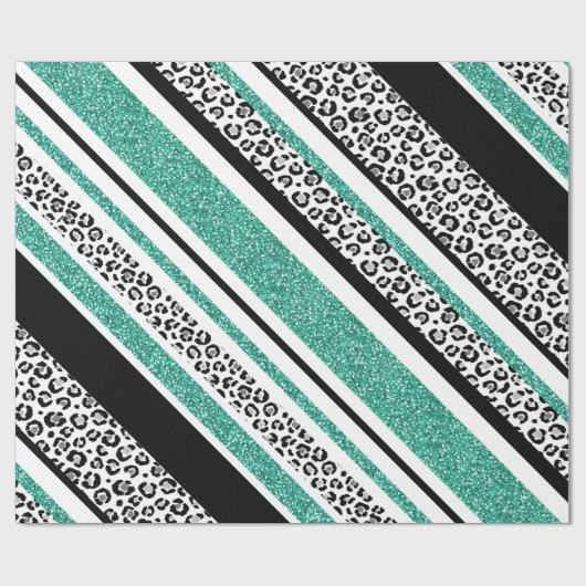 可愛い青フェイクグリッターヒョウ印ストライプ刷 ラッピングペーパー (フラット)