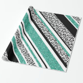 可愛い青フェイクグリッターヒョウ印ストライプ刷 ラッピングペーパー (アンロールド)