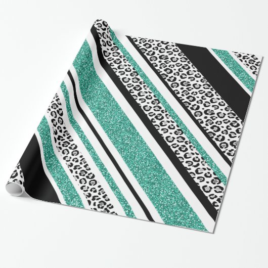 可愛い青フェイクグリッターヒョウ印ストライプ刷 ラッピングペーパー (アンロールド)
