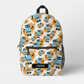 可愛い青ロボットオレンジ色の水彩名前をカスタムする プリントバックパック (正面)