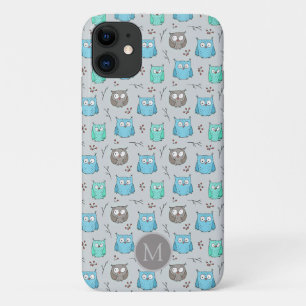 可愛い青灰色のフクロウ模様モノグラム iPhone 11 ケース