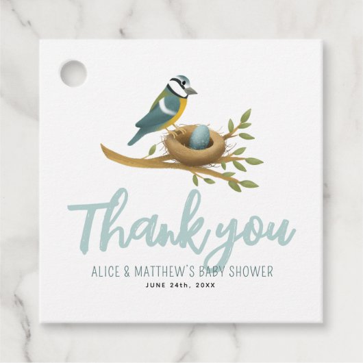 可愛い青Oh男の子の鳥の巣の赤ちゃんシャワー フェイバータグ (正面)