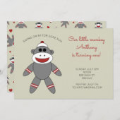 可愛い靴下モンキーハート1st誕生日 招待状 (正面/裏面)