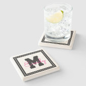 可愛い額縁の名前&モノグラム |ブラック&ホットピンク ストーンコースター (横)