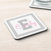 可愛い額縁の名前&モノグラム |ライトグレーとピンク コースター (左側)
