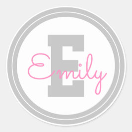 可愛い額縁の名前&モノグラム |ライトグレーとピンク ラウンドシール