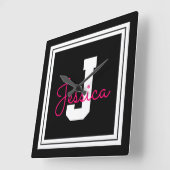 可愛い額縁の名前&モノグラム |白黒とピンク スクエア壁時計 (傾斜)