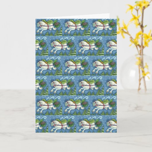 可愛い飛んでいるクリスマスポニー引っ張りピネコーンソリ カード (黄色い花)