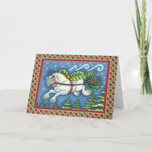 可愛い飛んでいるクリスマスポニー引っ張りピネコーンソリ シーズンカード (正面)