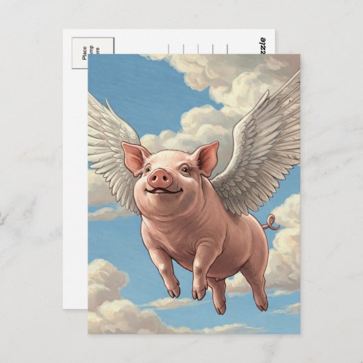 可愛い飛んでいる豚エンジェル動物はがき ポストカード (正面/裏面)