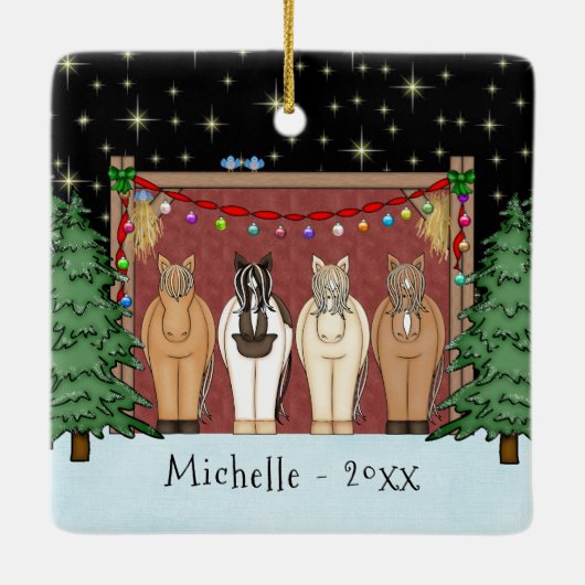 可愛い馬の群れパーソナライズされた馬クリスマスC セラミックオーナメント (裏面)