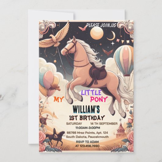 可愛い馬私の小さなポニー最初の1歳の誕生日 招待状 (正面)