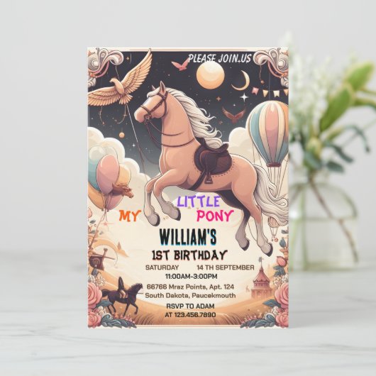 可愛い馬私の小さなポニー最初の1歳の誕生日 招待状 (スタンド正面)