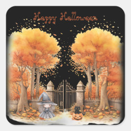 可愛い魔女と猫ゲイト外ハロウィン スクエアシール