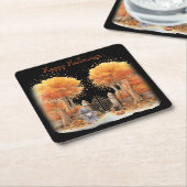 可愛い魔女と猫ゲイト外ハロウィン スクエアペーパーコースター (アングル)