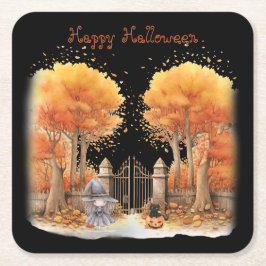 可愛い魔女と猫ゲイト外ハロウィン スクエアペーパーコースター