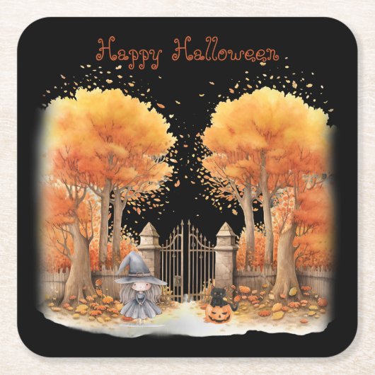 可愛い魔女と猫ゲイト外ハロウィン スクエアペーパーコースター (正面)
