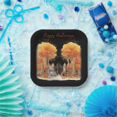 可愛い魔女と猫ゲイト外ハロウィン ペーパープレート (パーティー)