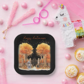 可愛い魔女と猫ゲイト外ハロウィン ペーパープレート (パーティー)