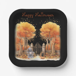 可愛い魔女と猫ゲイト外ハロウィン ペーパープレート