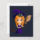 可愛い魔女のパープルハットと猫ハロウィン ポストカード (正面/裏面)