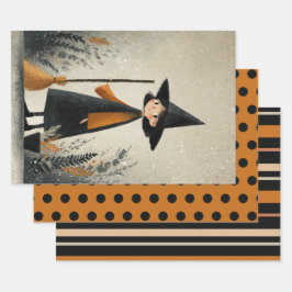 可愛い魔女の焼けオレンジ&ブラックハロウィーン ラッピングペーパーシート