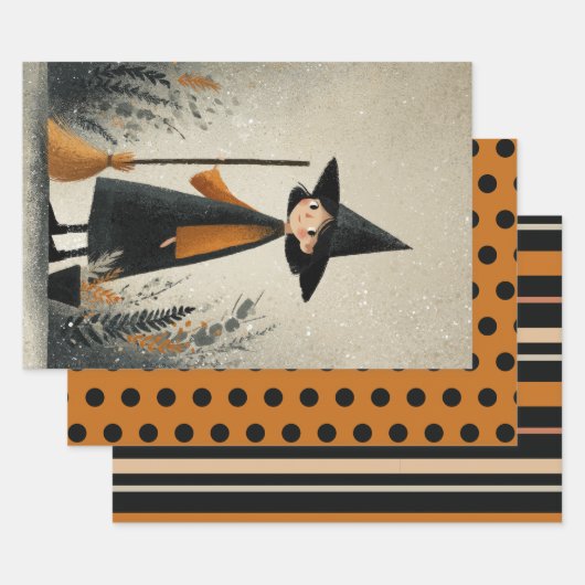 可愛い魔女の焼けオレンジ&ブラックハロウィーン ラッピングペーパーシート (セット)