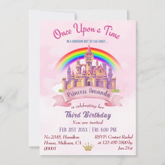 可愛い魔法の城虹の王女3歳の誕生日 招待状 (正面)