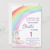 可愛い魔法モダンのユニコーン虹の第1の誕生日 招待状 (正面)