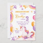 可愛い魔法モダンのユニコーン虹の第3の誕生日 招待状 (正面)