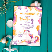 可愛い魔法モダンのユニコーン虹の第3の誕生日 招待状