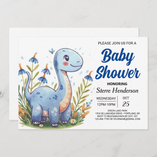 可愛い魔法モダンの恐竜の男の子の赤ちゃんシャワー 招待状 (正面/裏面)