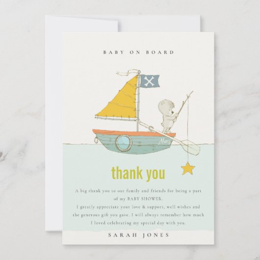 可愛い魚釣りテディベアースターセーリングボートベビーシャワー サンキューカード (正面)