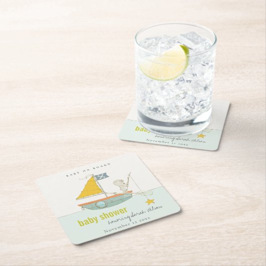 可愛い魚釣りテディベアースターセーリングボートベビーシャワー スクエアペーパーコースター (インサイチュ)