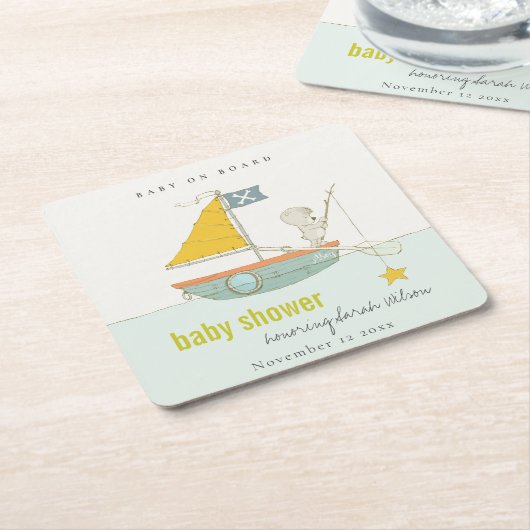 可愛い魚釣りテディベアースターセーリングボートベビーシャワー スクエアペーパーコースター (アングル)