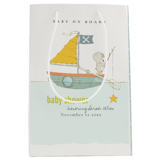 可愛い魚釣りテディベアースターセーリングボートベビーシャワー ミディアムペーパーバッグ (正面)