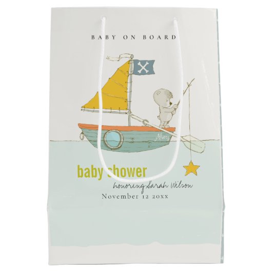 可愛い魚釣りテディベアースターセーリングボートベビーシャワー ミディアムペーパーバッグ (裏面)