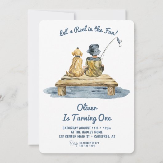 可愛い魚釣りボーイ1歳の誕生日 招待状 (正面)