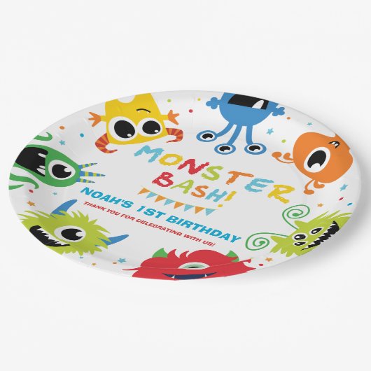 可愛い鮮やかリトルモンスターズ1歳の誕生日パーティー ペーパープレート (アングル)